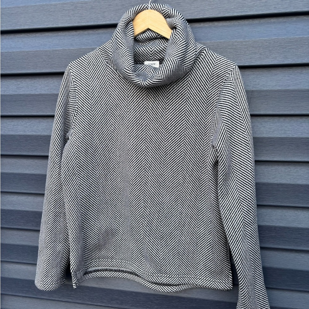 J Crew Black and White Herringbone Cowl Neck Sweater